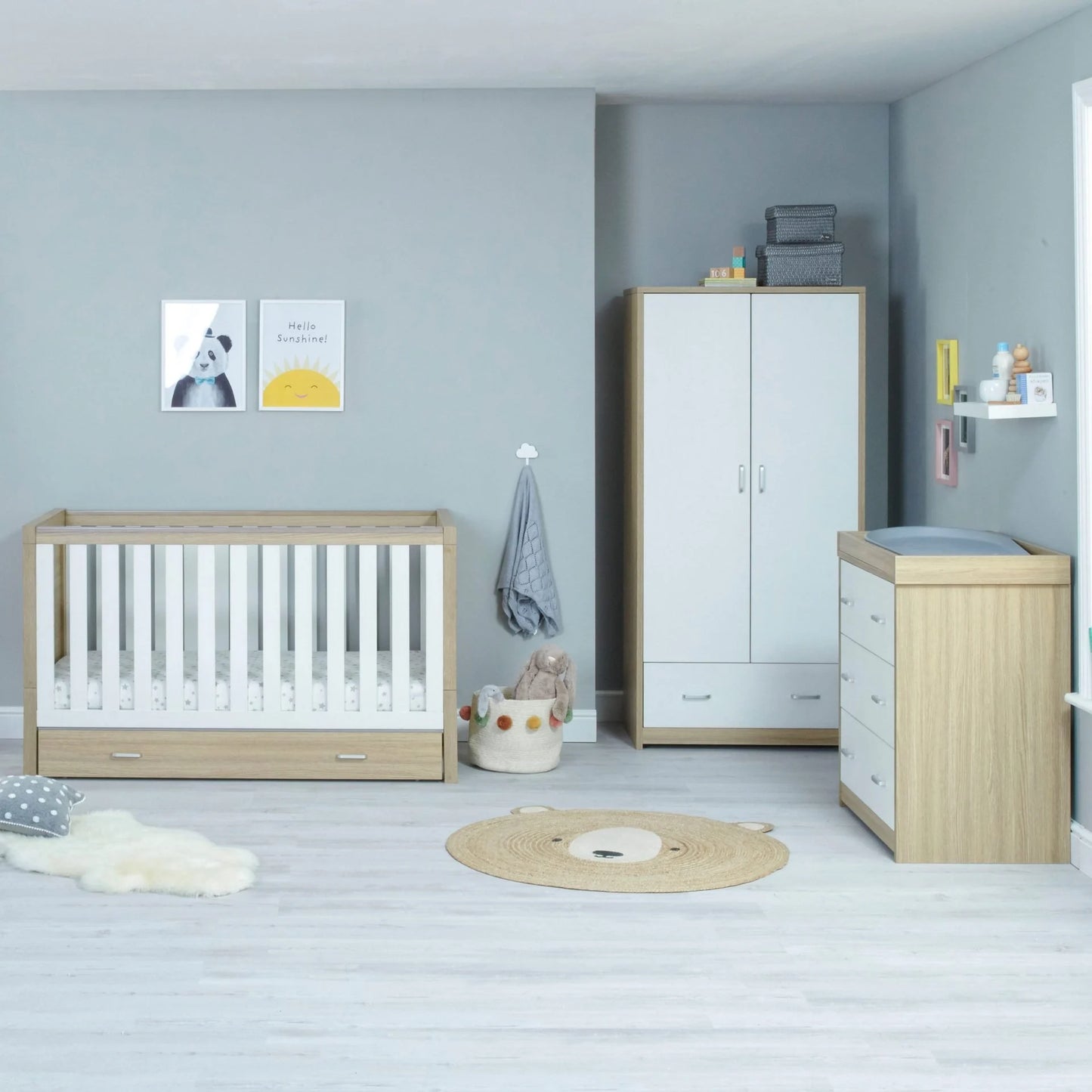 Babymore Luno 3 Piece Nursery Furniture Set with Drawer – Oak White