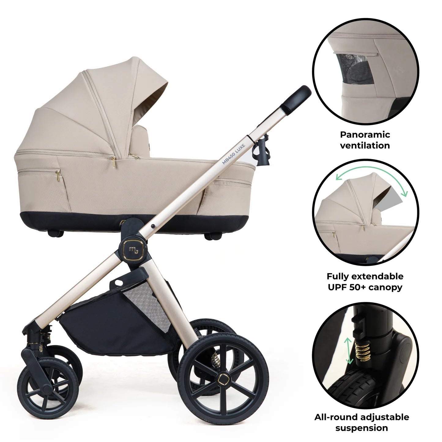 My Babiie MB450 LUXE 3-in-1 Travel System with Rotating Car Seat + Base - Feather