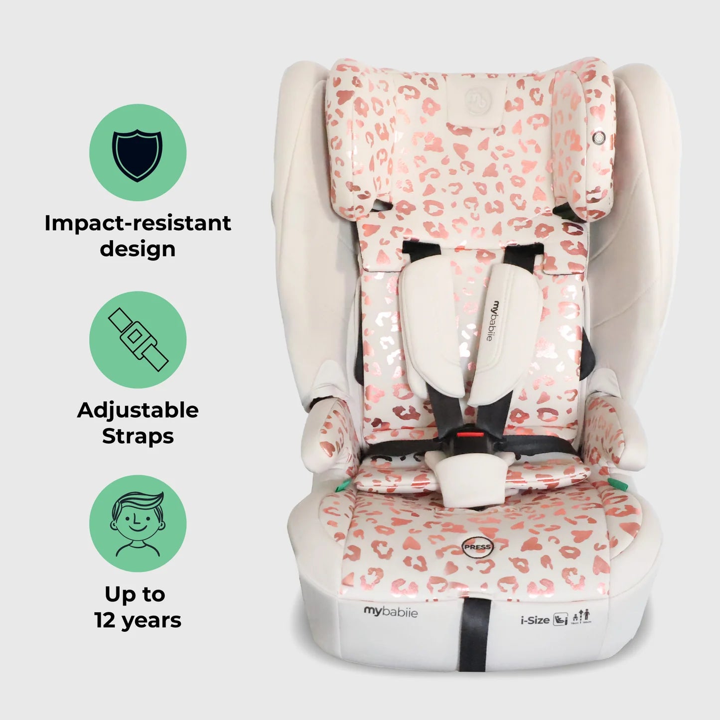My Babiie MBCS80 Foldable Toddler to Booster R129 Car Seat with ISOFIX - Pink Leopard
