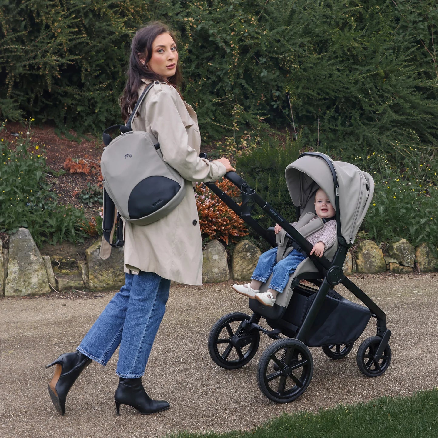 My Babiie MB450 LUXE 3-in-1 Travel System with Rotating Car Seat + Base - Mink