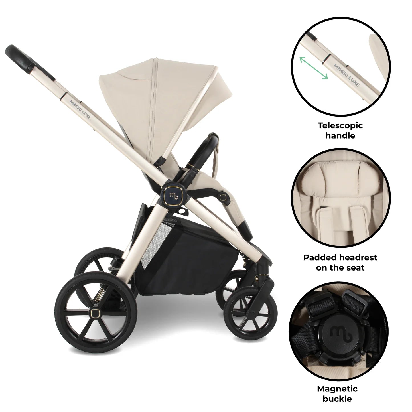 My Babiie MB450 LUXE 3-in-1 Travel System with Rotating Car Seat + Base - Feather