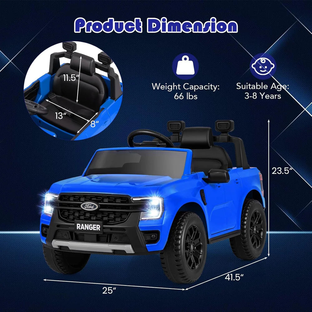 Kids Ride on Ford Ranger 12V Electric Car with Parental Remote - Blue