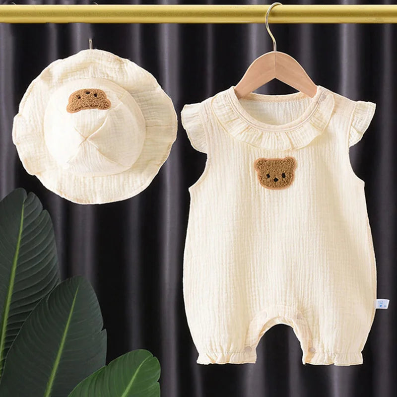 2Pcs Baby Summer Jumpsuits Hat Set Bear