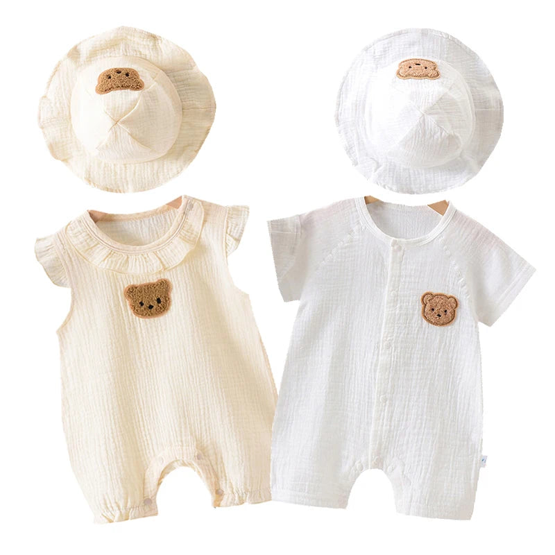 2Pcs Baby Summer Jumpsuits Hat Set Bear