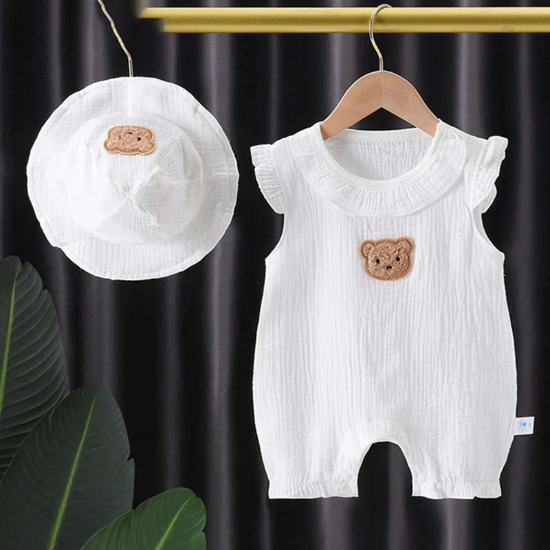 2Pcs Baby Summer Jumpsuits Hat Set Bear