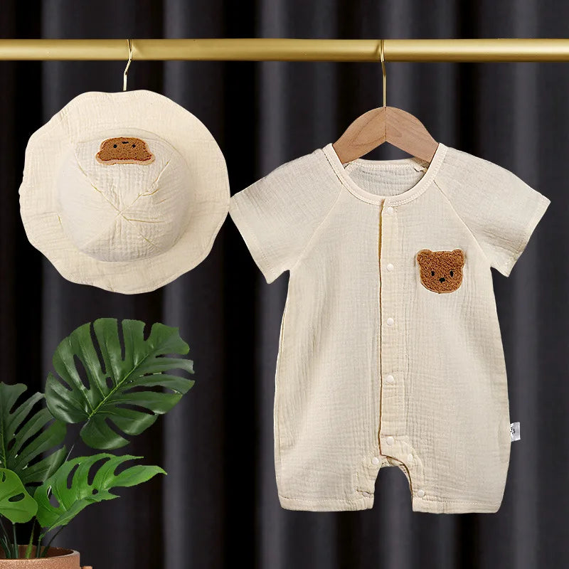 2Pcs Baby Summer Jumpsuits Hat Set Bear