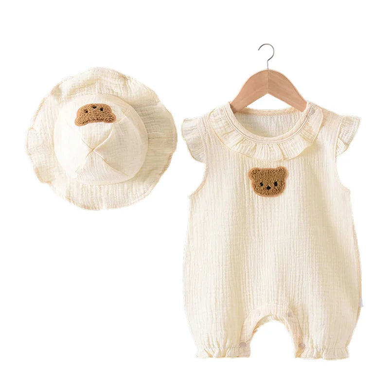 2Pcs Baby Summer Jumpsuits Hat Set Bear
