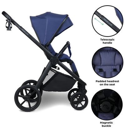 My Babiie MB450 LUXE 3-in-1 Travel System with Rotating Car Seat + Toddler Seat + Base - Indigo