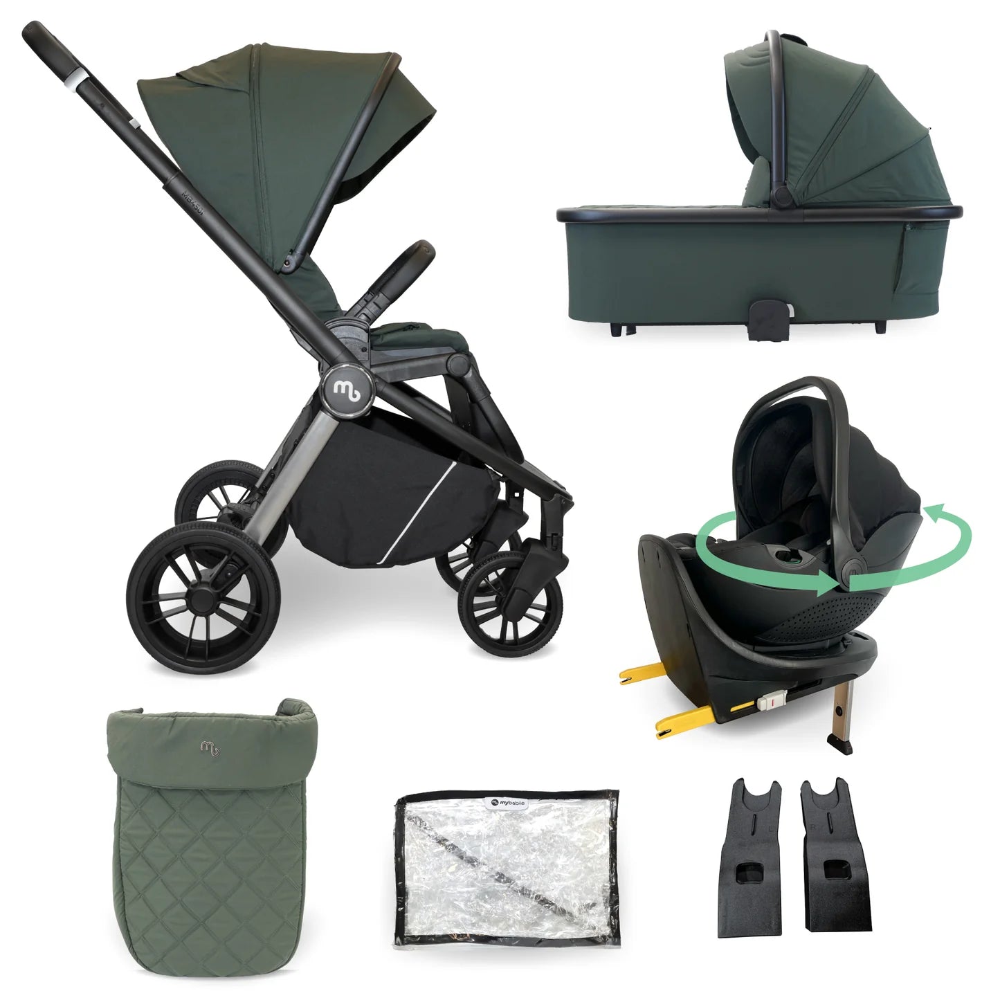 My Babiie MB450i 3-in-1 Travel System with Rotating Car Seat + Base - Forest Green