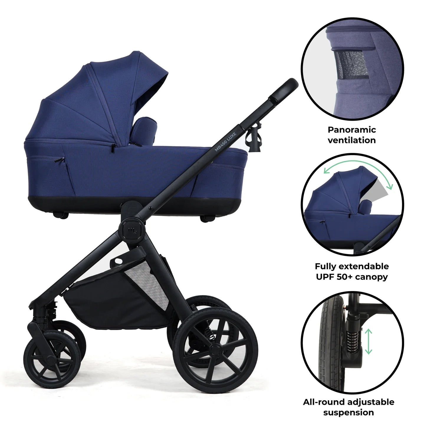 My Babiie MB450 LUXE 3-in-1 Travel System with Rotating Car Seat + Toddler Seat + Base - Indigo