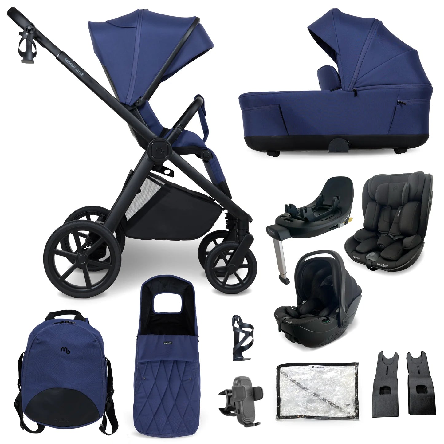 My Babiie MB450 LUXE 3-in-1 Travel System with Rotating Car Seat + Toddler Seat + Base - Indigo