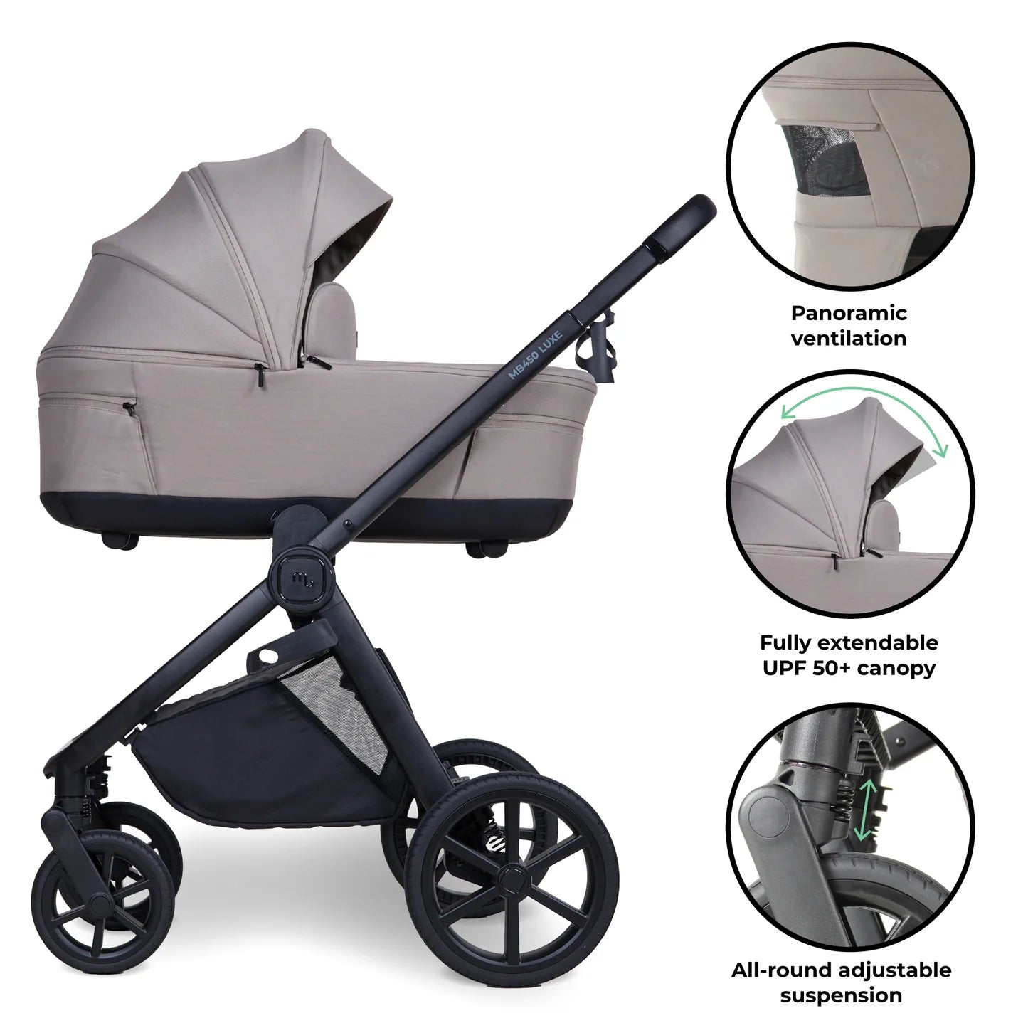My Babiie MB450 LUXE 3-in-1 Travel System with Rotating Car Seat + Toddler Seat + Base - Mink