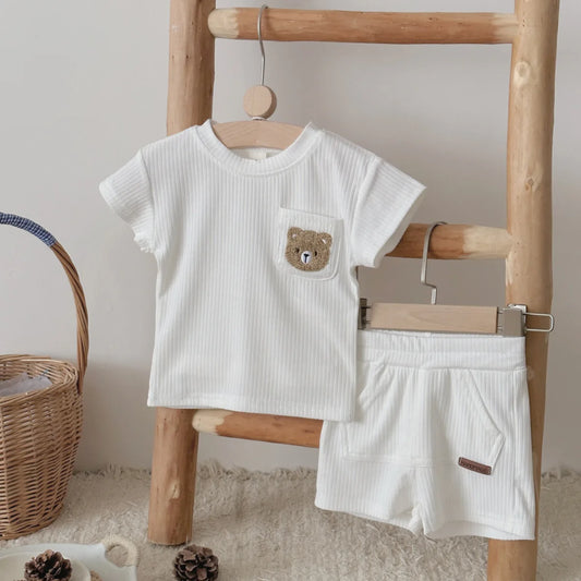 New Baby Set Cute Bear Pocket Comfortable Round Neck Short Sleeve