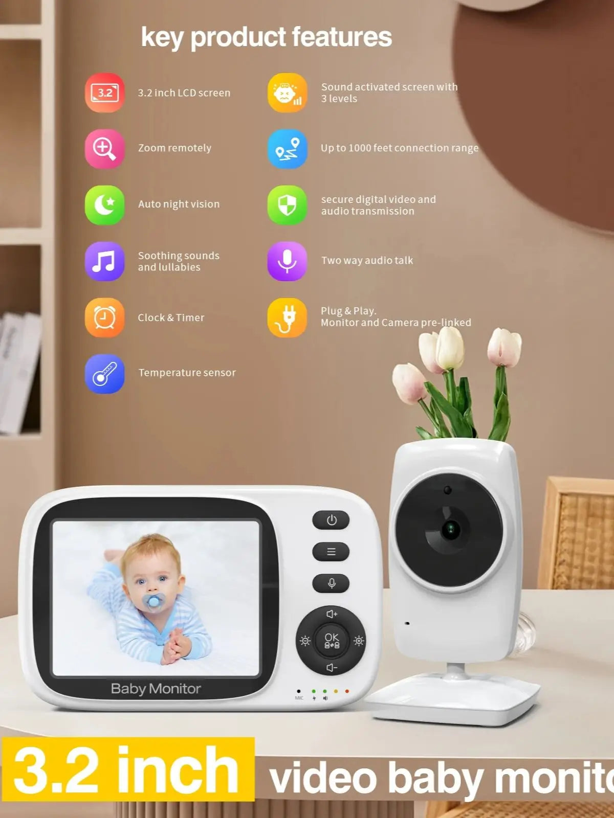BabyStar 3.2Inch Wireless Video Baby Monitor With Lullabies Auto Night Vision